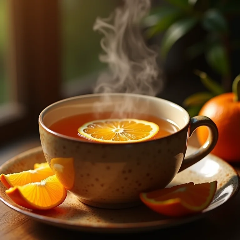 Xícara de chá de casca de laranja fumegante.