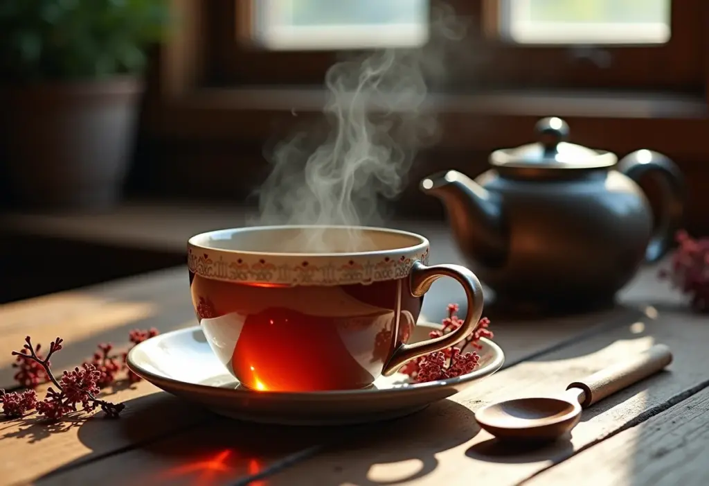 Xícara de chá de Cipó-Mil-Homens em mesa rústica