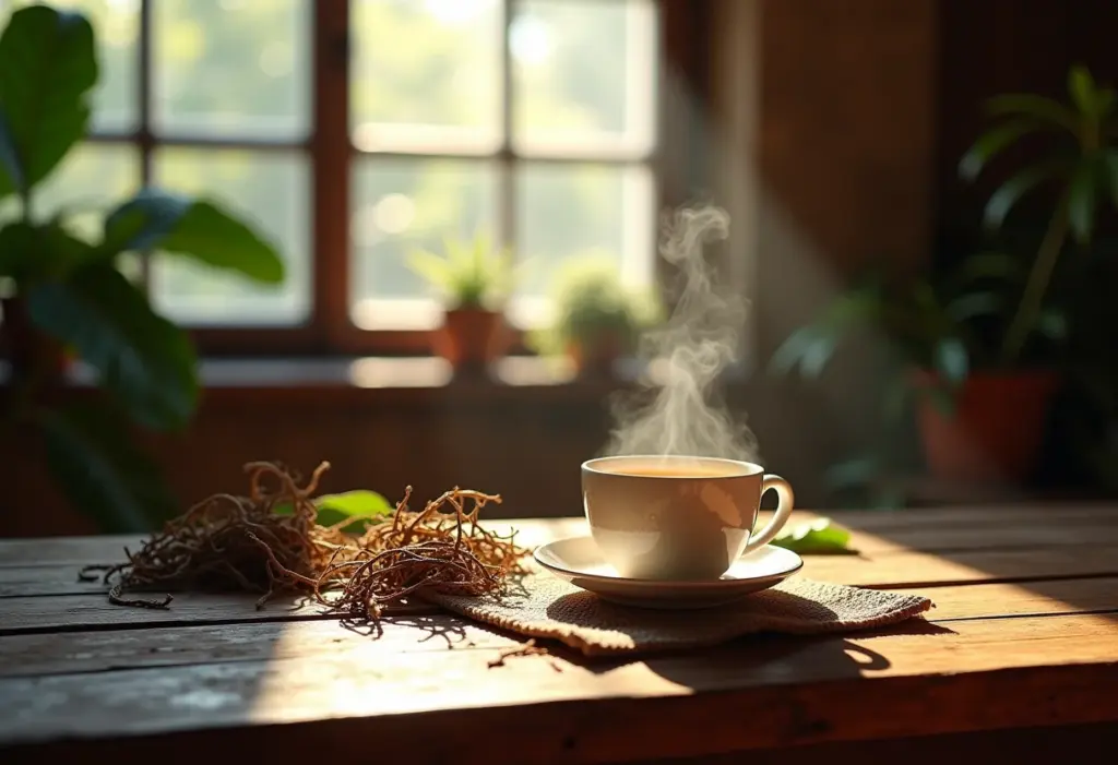 Xícara de chá de cipó-mil-homens em mesa rústica