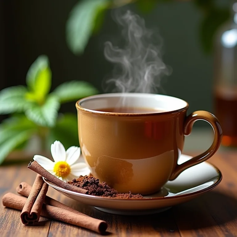 Xícara de chá de cravo e canela ao lado de ervas digestivas, representando melhora na digestão.