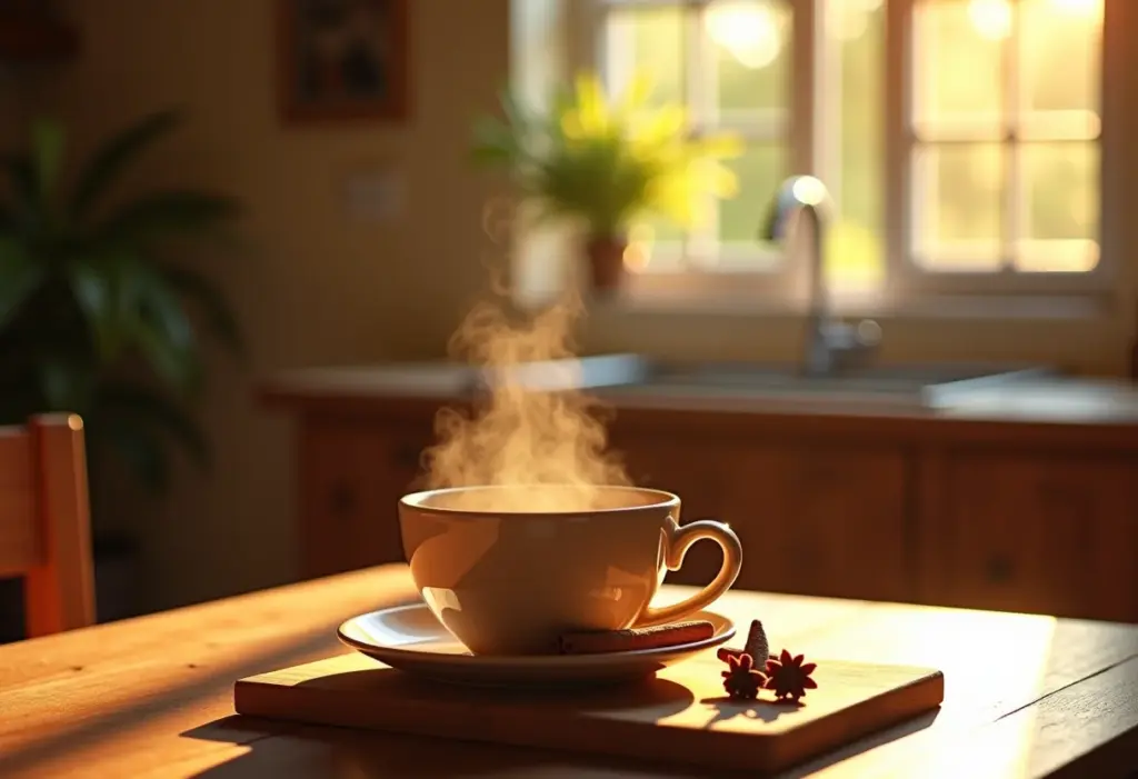 Xícara de chá de cravo e canela fumegante.