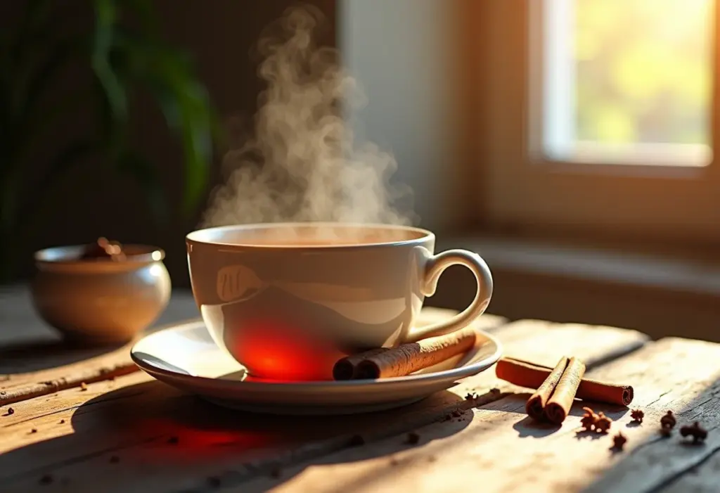 Xícara de chá de cravo e canela fumegante em mesa rústica.