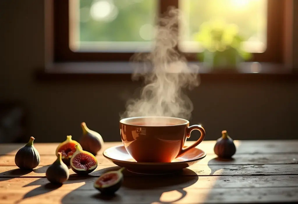 Chá de Figo: O segredo para um sono profundo e digestão perfeita Xícara de chá de folha de figo fumegante em mesa de madeira rústica.