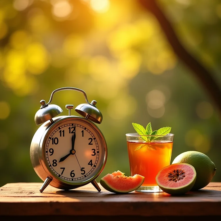 Xícara de chá de goiaba com hortelã ao lado de um relógio