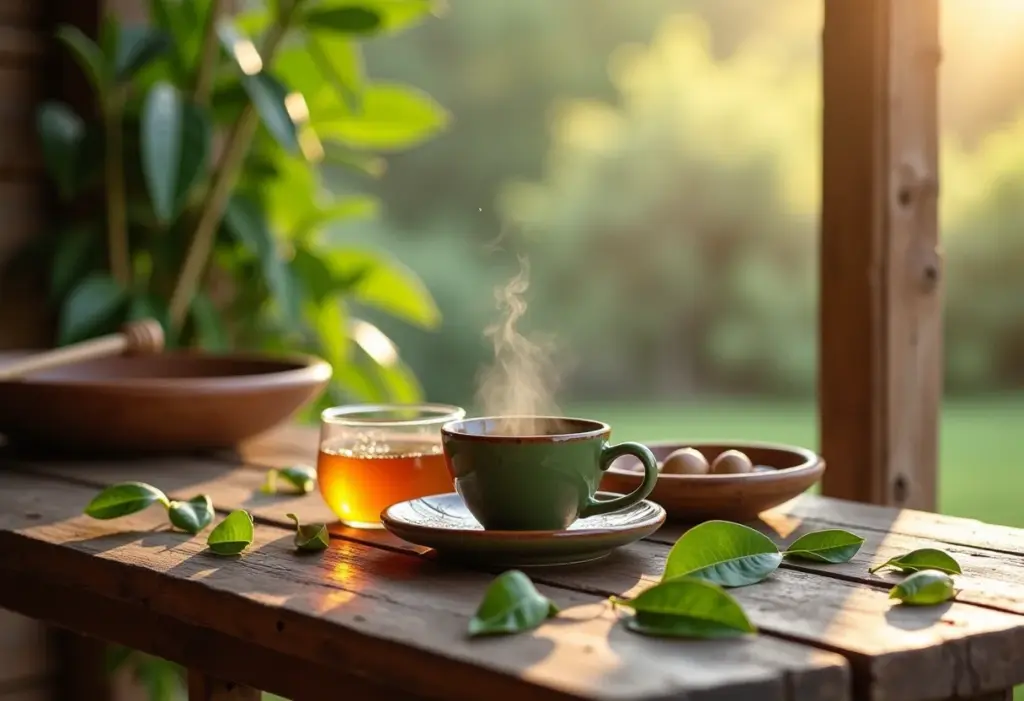 Xícara de chá de guaco em mesa rústica