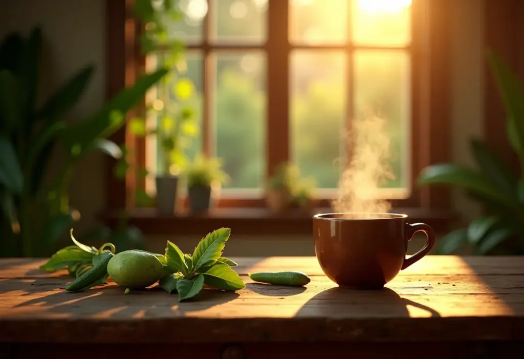 Xícara de chá de guaco fumegante sobre mesa rústica.