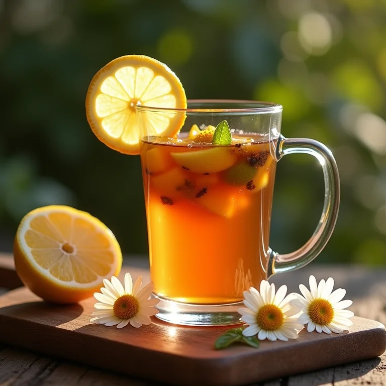 Xícara de chá de maracujá e camomila com limão.