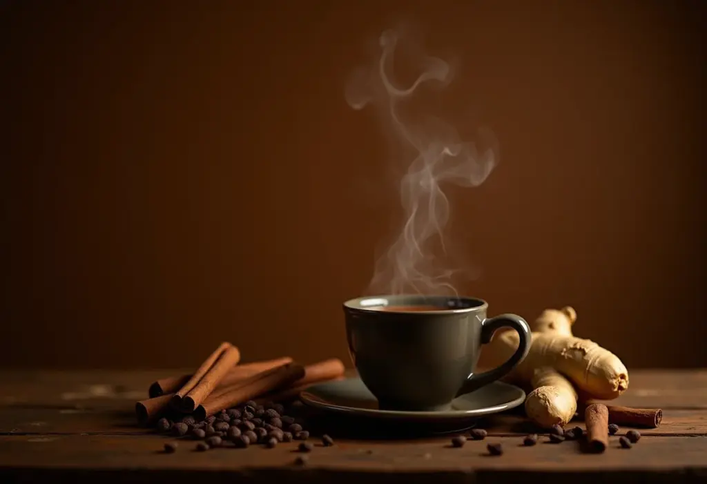 Xícara fumegante de chá chai com especiarias em mesa rústica.