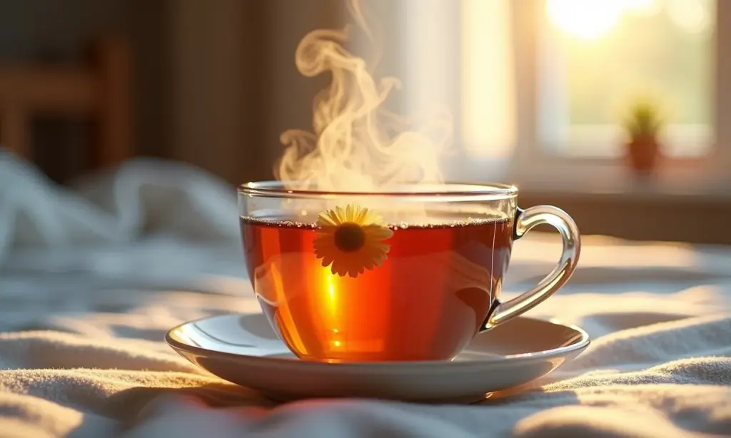 Xícara fumegante de chá de camomila com maçã em quarto aconchegante.