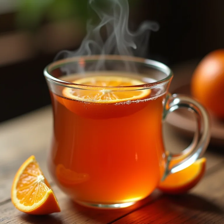 Xícara fumegante de chá de casca de laranja.