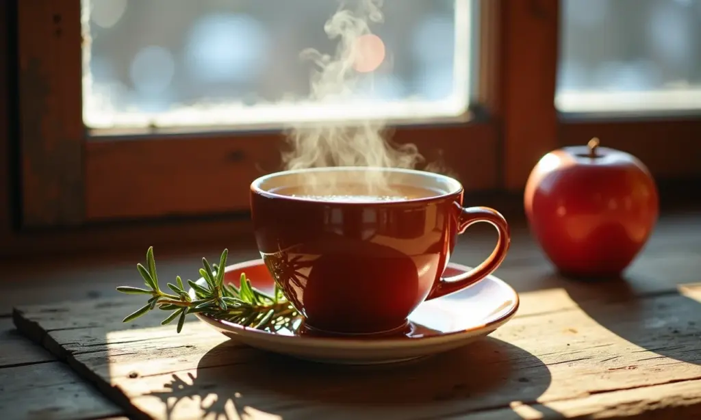 Xícara fumegante de chá de maçã com alecrim em mesa de madeira rústica.