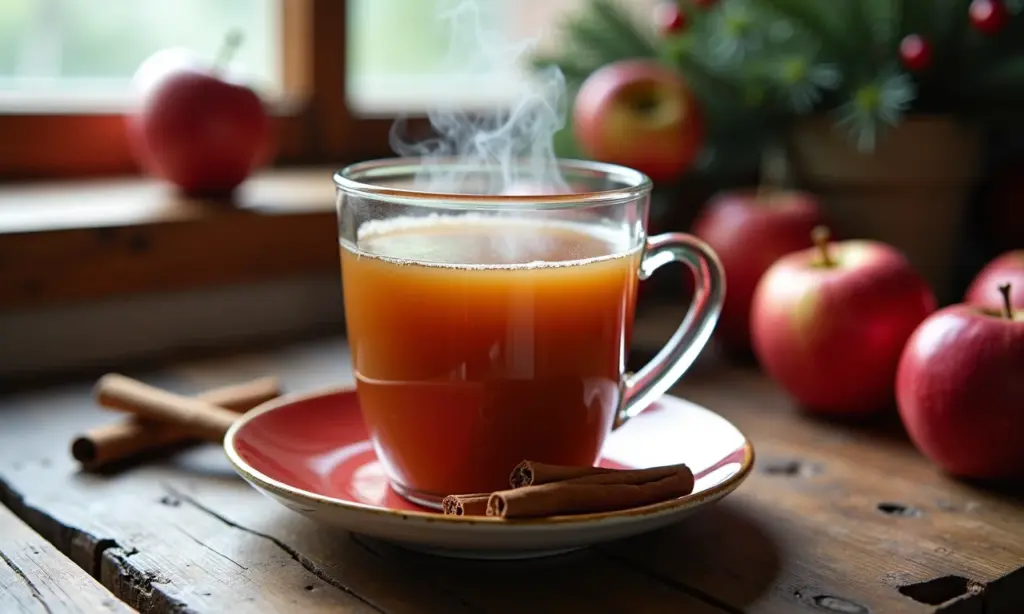 Xícara fumegante de chá de maçã com canela e cravo em mesa de madeira rústica.