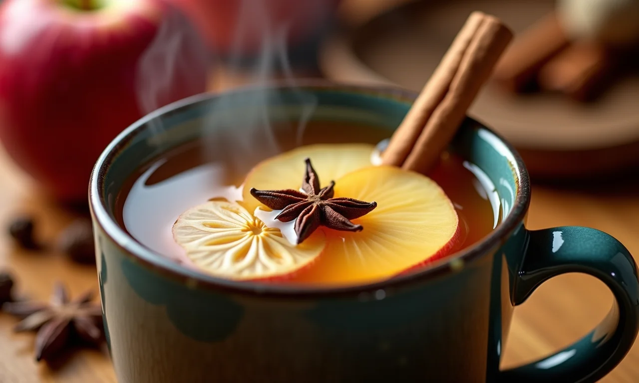 Xícara fumegante de chá de maçã com cravo e gengibre, decorada com canela.