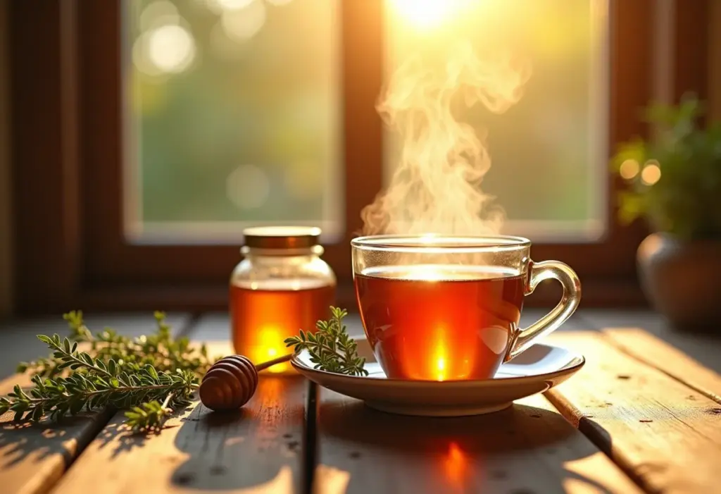 Xícara fumegante de chá de tomilho com mel.
