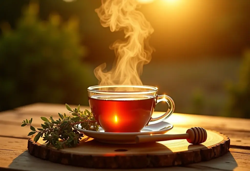 Xícara fumegante de chá de tomilho com mel em mesa rústica.