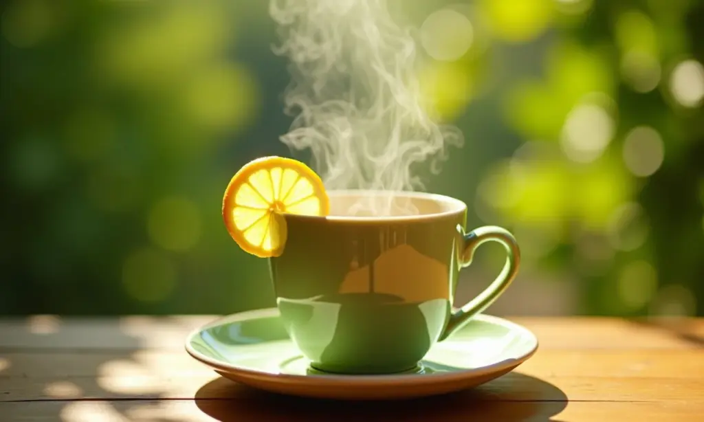 Xícara fumegante de chá verde com limão.