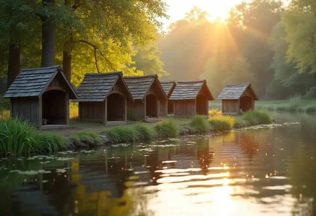 Abrigo para patos em lagoa ao amanhecer