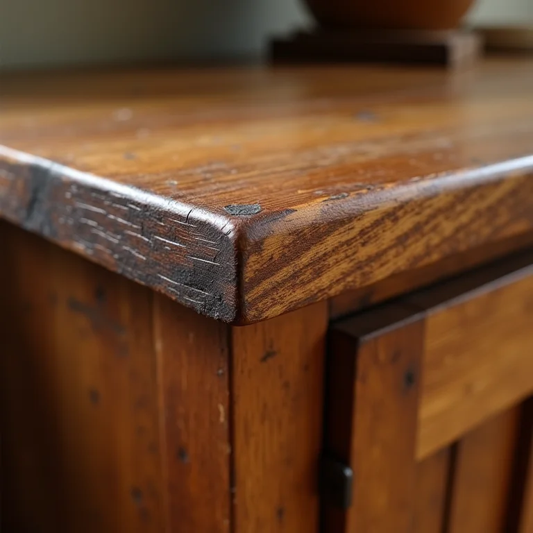 Acabamento detalhado de móvel rústico de madeira