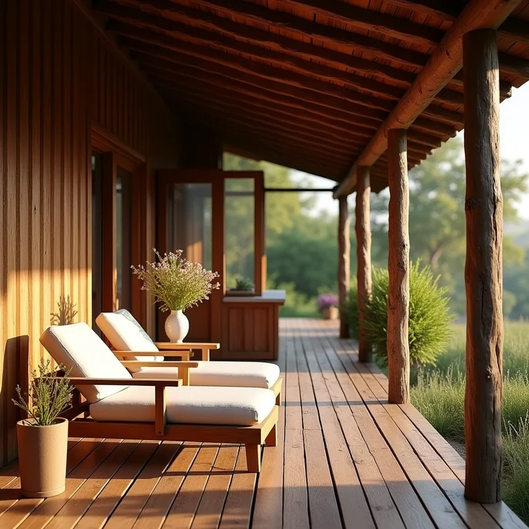 Aconchego e beleza natural em um deck de madeira rústico.