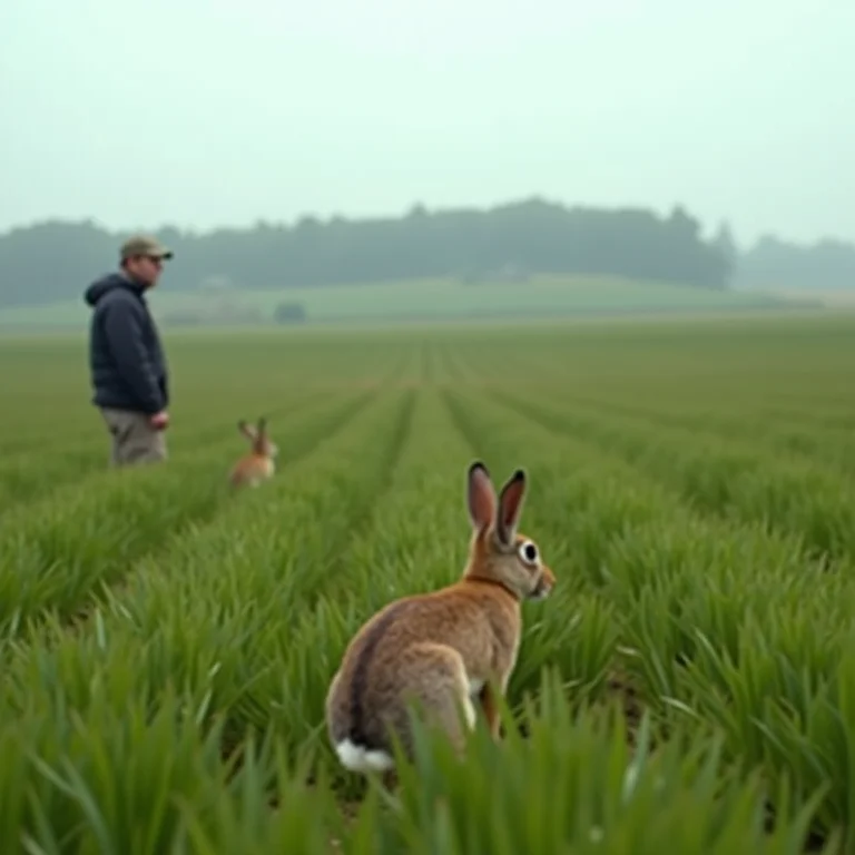 Agricultor preocupado com a superpopulação de coelhos destruindo a plantação.