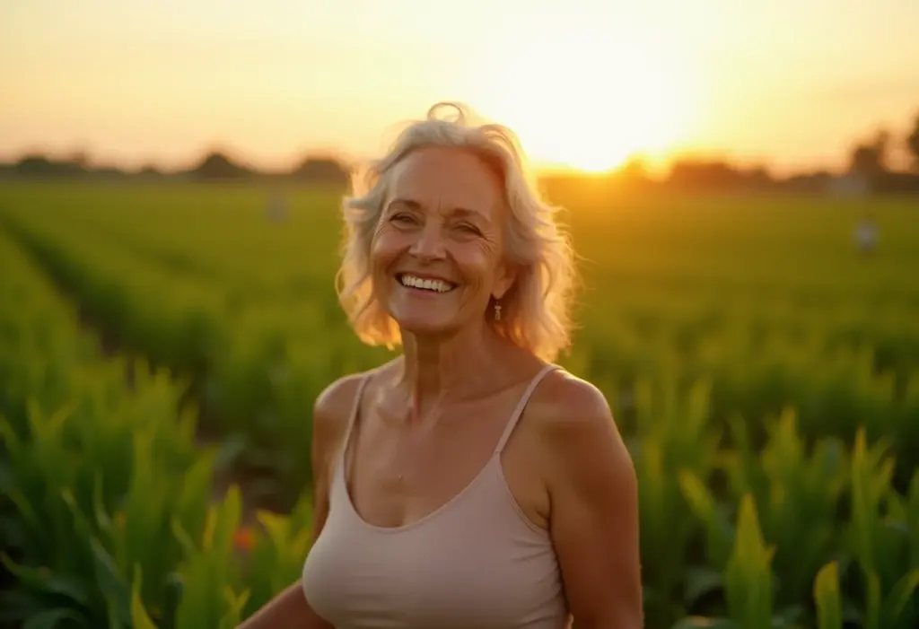 Agricultora brasileira sorrindo em plantação de soja