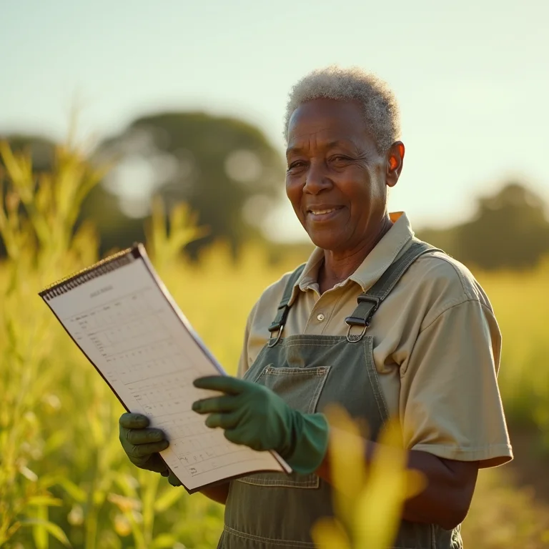 Agricultora negra consultando calendário de plantio de repolho