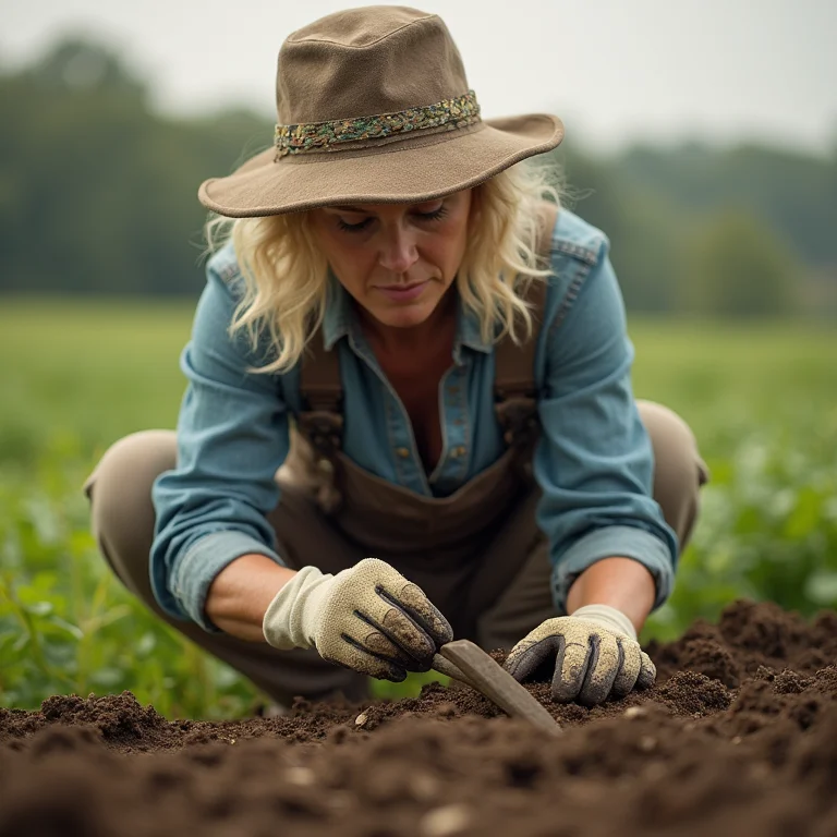 Agricultora preparando o solo para o plantio de tomates.