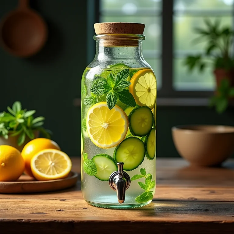 Água aromatizada com pepino, limão e hortelã em um dispenser de vidro.