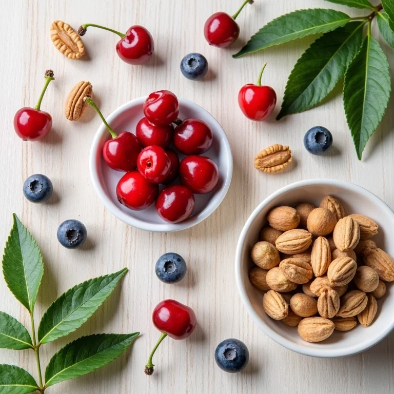 Alimentos ricos em antioxidantes dispostos em mesa de madeira.
