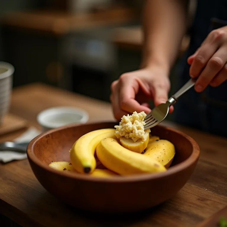 Amassando bananas para o bolo.