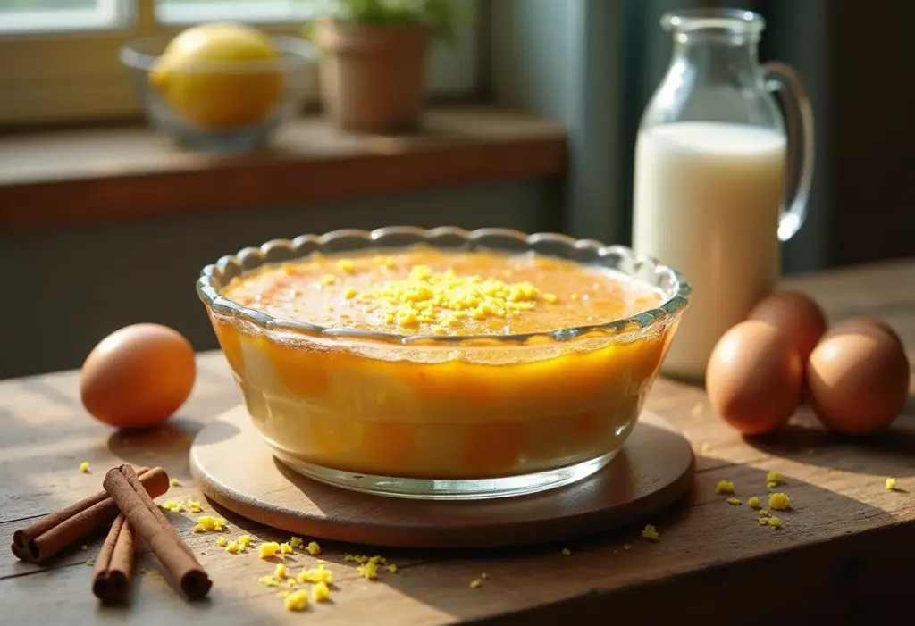 Ambrosia cremosa em travessa de vidro rústica