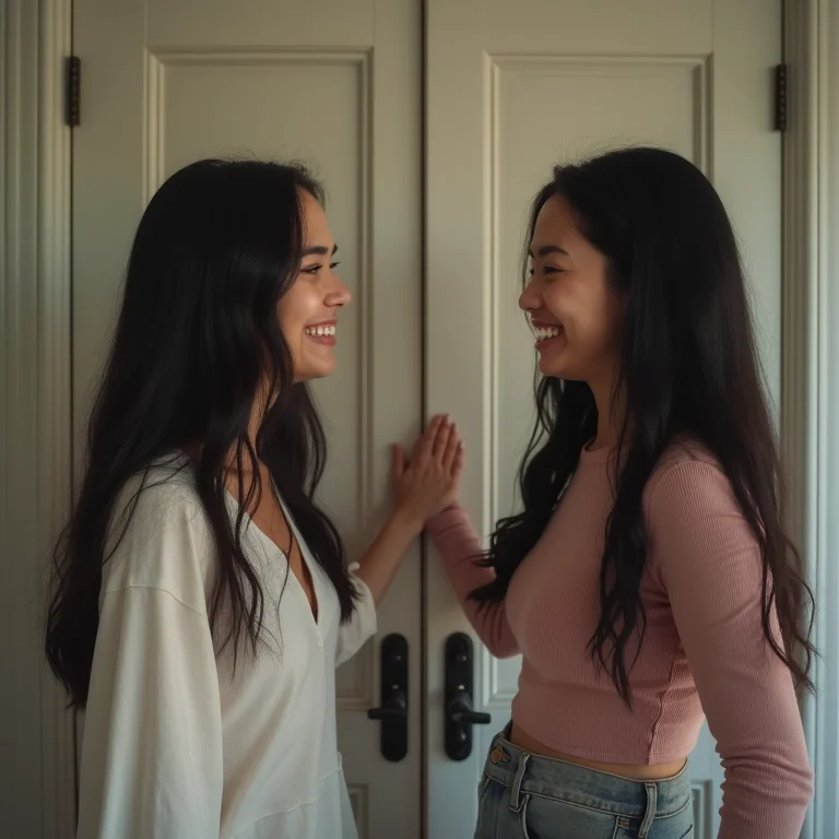 Amigas abrindo porta de madeira juntas