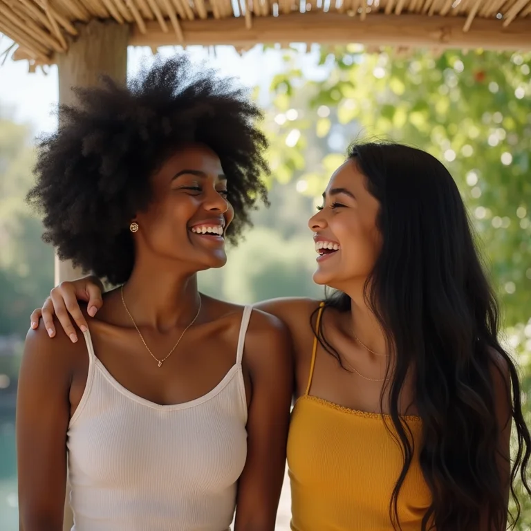 Amigas aproveitando um dia ensolarado sob um pergolado de bambu.