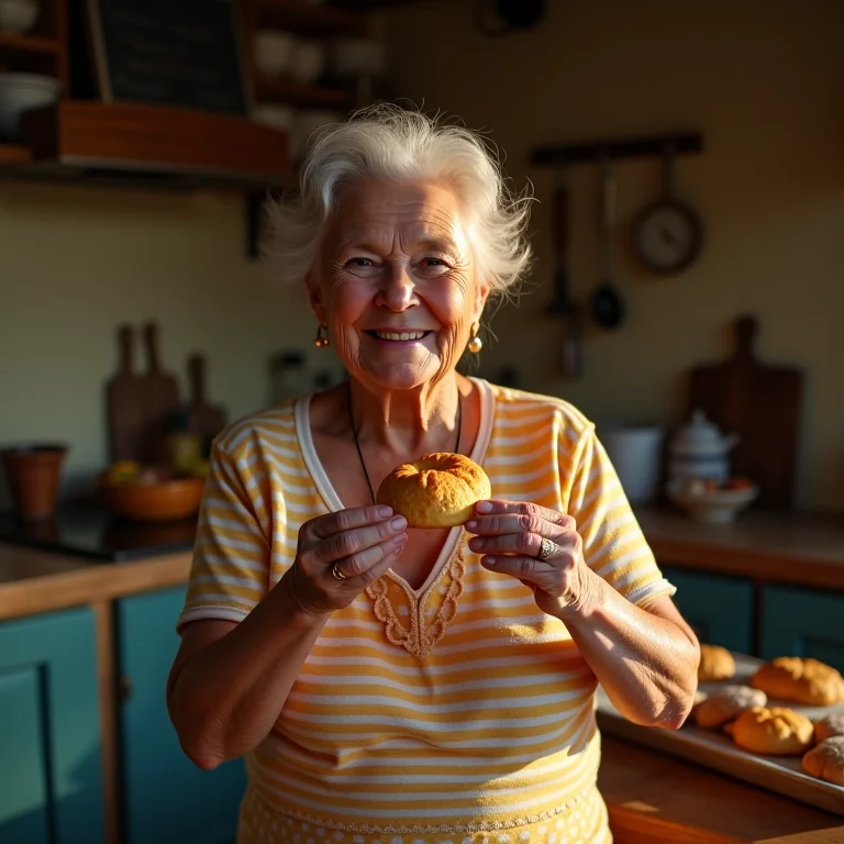 Anfitriã mineira segurando o biscoitão de roça, compartilhando suas dicas.