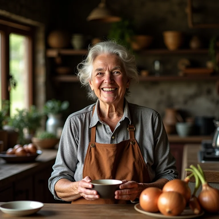 Anfitriã mineira segurando xícara de chá de cebola.