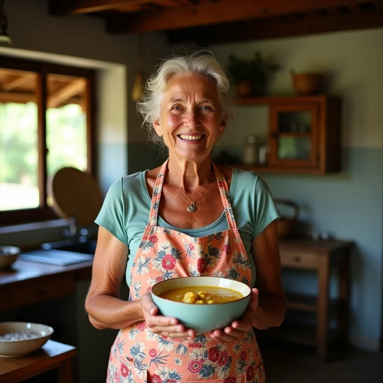 Anfitriã mineira sorrindo com uma tigela de sopa de mandioca, compartilhando sua receita de família