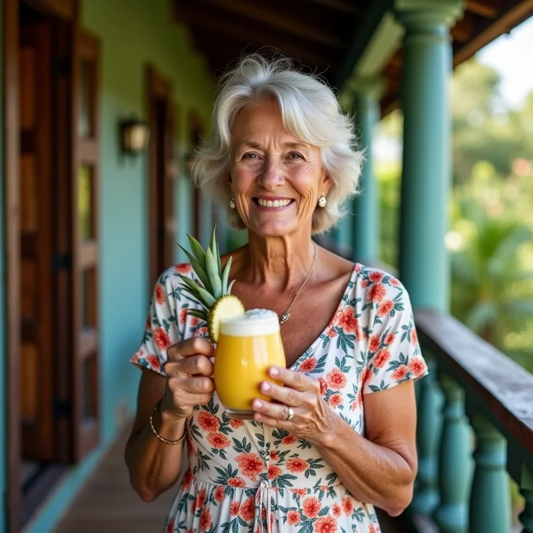 Anfitriã mineira sorrindo com uma xícara de chá na varanda