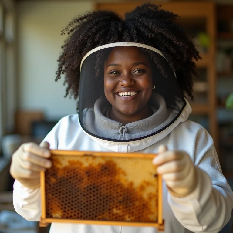 Apicultora experiente segurando favo de mel