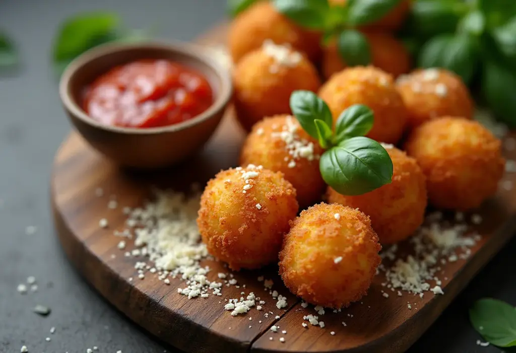 Arancini perfeito: o segredo italiano para um petisco crocante Arancini crocante em cima de tábua rústica com molho de tomate