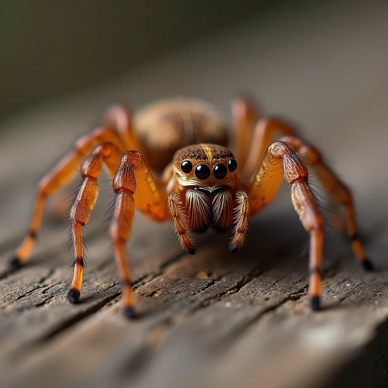 Aranha marrom em superfície de madeira rústica