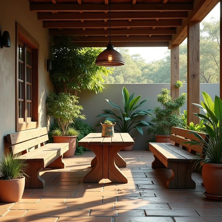 Área externa charmosa com móveis rústicos