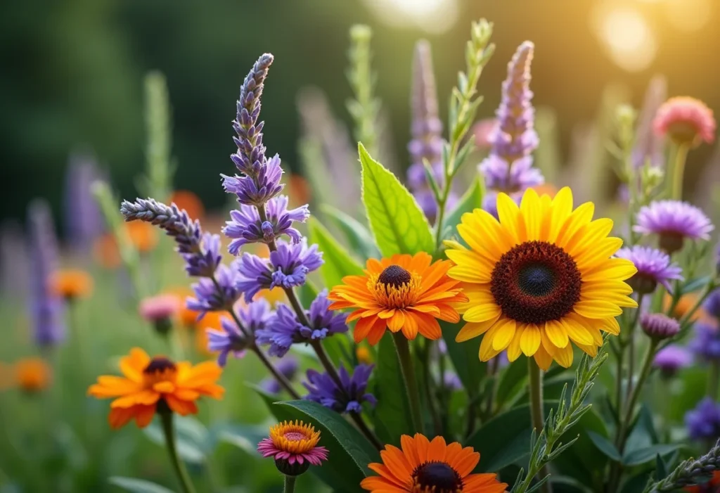 Arranjo de flores diversas atraindo abelhas em um jardim ensolarado