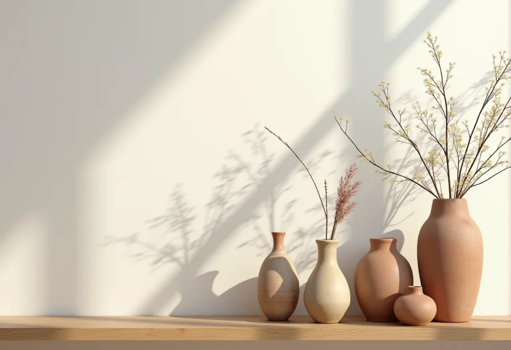 Arranjo de vasos de cerâmica rústica em estante de madeira.