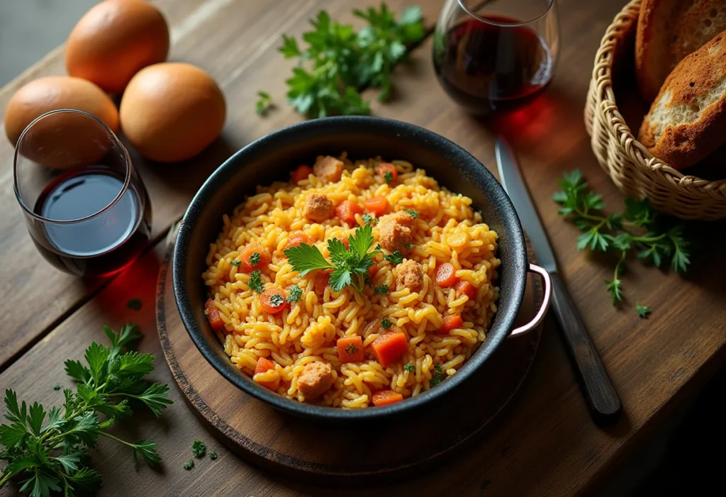 Arroz com costelinha fumegante em mesa de madeira rústica
