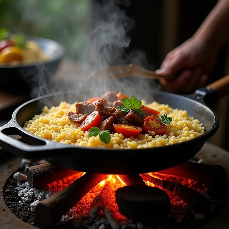 Arroz de carreteiro sendo preparado em panela de ferro.