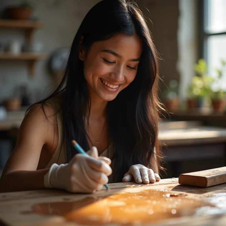 Asiático-brasileira tingindo madeira com café.