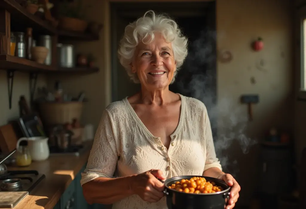 Avó brasileira preparando Xinxim de Galinha