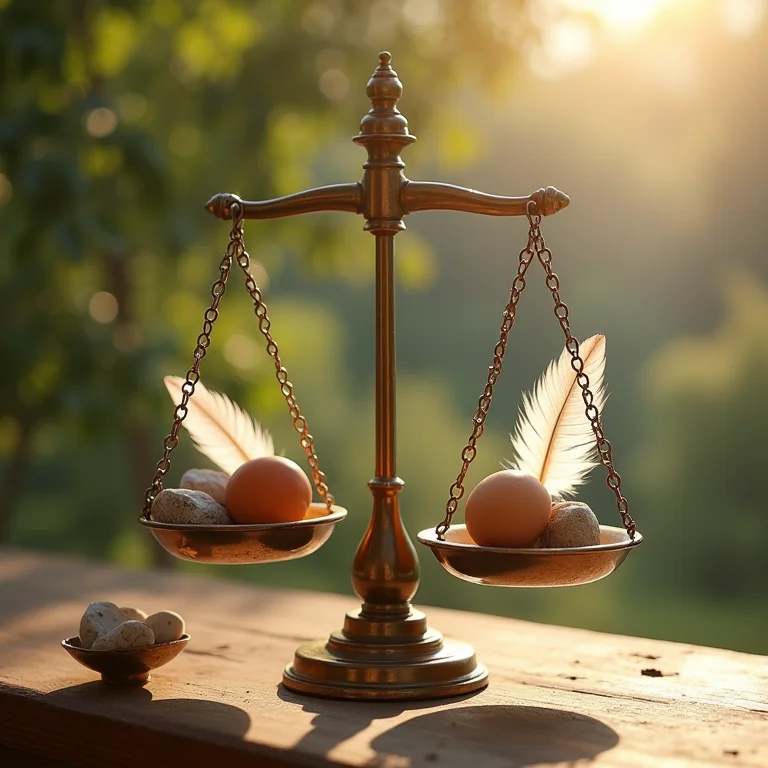 Balança com penas e pedras representando fatores que influenciam a proporção ideal