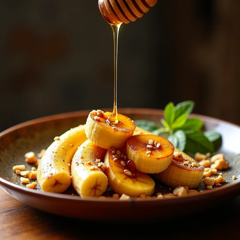 Banana flambada com mel e nozes.