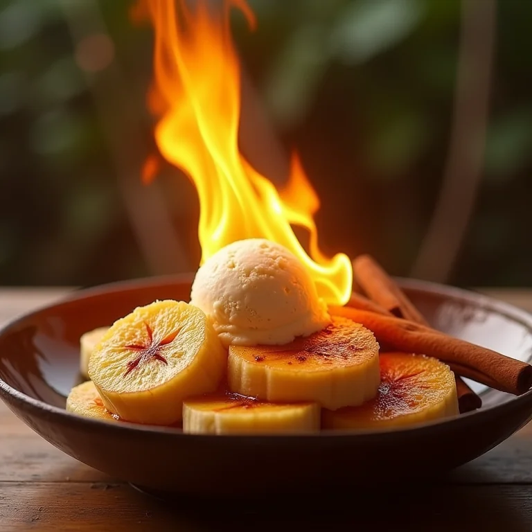Banana flambada servida com sorvete de baunilha e canela em pau, uma combinação irresistível.